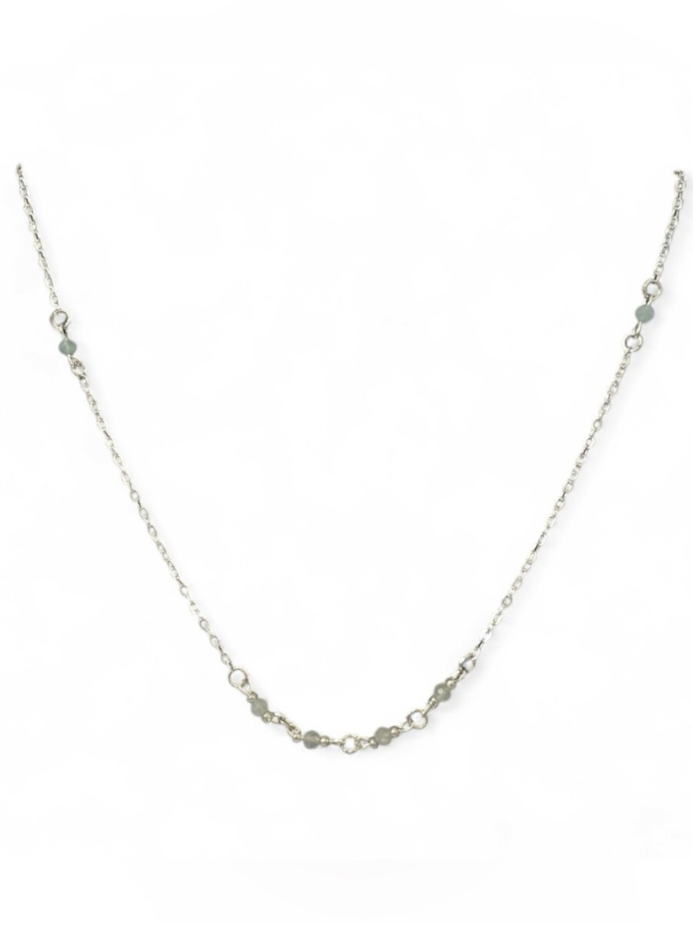 925 Plated Silver Natural Aquamarine Birthstone Station Chain Necklace Handmade